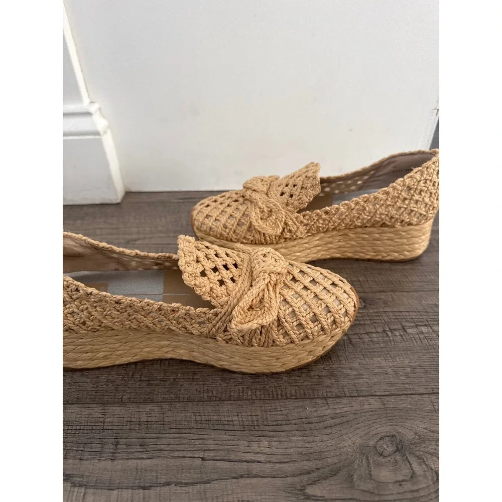 Dolce Vita Tan Woven Raffia Platform Loafers Knotted Bow Espadrille Shoes